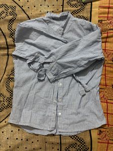 Chic Blue Striped Bow Sleeve Blouse