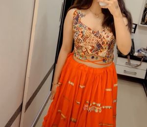 Bohemian Print Crop Top & Orange Skirt Set