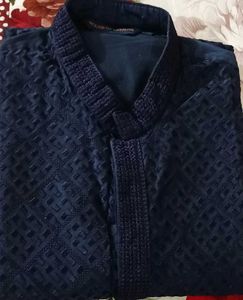 Men's Navy Blue Embroidered Kurta