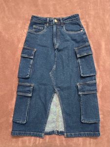 FREAKINS | Denim Cargo-Pockets Midi Skirt