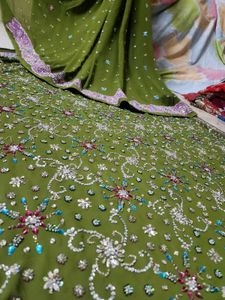 dhambka work with Olive Green colour Saree