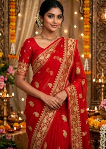 Elegant Red Saree with Gold Embroidery