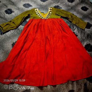 Vibrant Red &amp; Olive Kurta Set