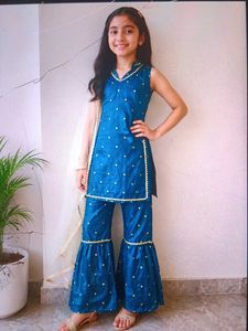 Girls Blue Kurta Set with Sharara