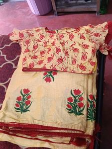 Elegant Yellow Block Print Kurta Set with Blouse