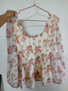 Sheer Floral Print Smocked peplum Top