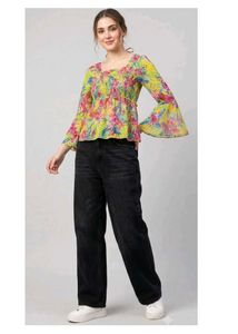 Chic Yellow Floral Bell Sleeve Top