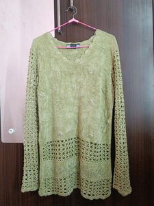 Green Crochet-Detail Long Sleeve Top