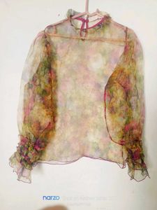 Sheer Floral Organza Puff Sleeve Blouse