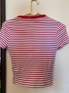 Red &amp; White Striped ribbed Cropped T-Shirt