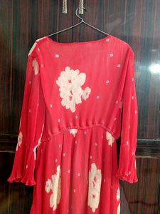 Red Floral Pleated Maxi Dress