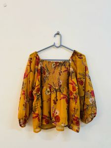 Yellow Floral Print Sheer Top
