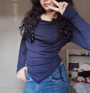 Crew Neck Cinched WaistAsymmetrical Long Sleeve