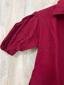 Maroon Puff Sleeve Shirt Dress