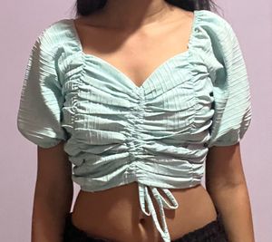 Aqua Ruched Puff Sleeve Top