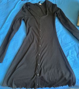 Black Ribbed Button-Up Dress