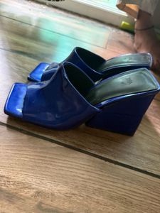 Blue Patent Block Heel Mules