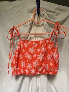 Orange Floral Cotton Tie-Strap Crop Top
