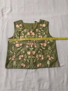 Olive Embroidered Sleeveless Blouse/ Top
