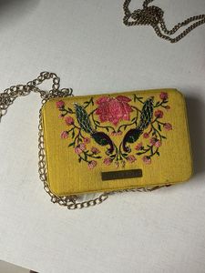 Embroidered Yellow Clutch with Chain