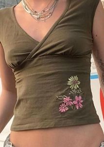 Olive Green V-Neck Top with Floral Embroidery