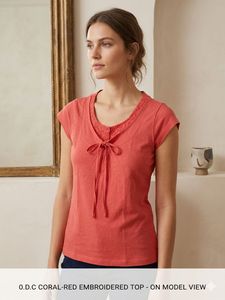 Coral Red Embroidered Tie-Front Top