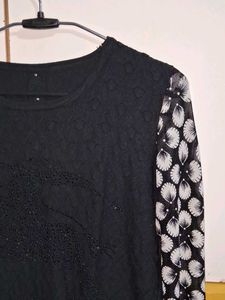 Black Sweater Top With Net Sleeves