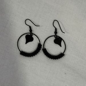 Black Hoop Earrings with Heart Charm