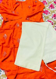 Bright Orange Mirror Work Kurta Set