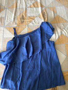 Blue One-Shoulder Ruffle Top
