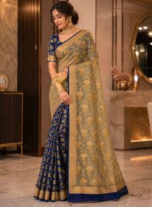 Elegant Brocade Saree with Blue Border