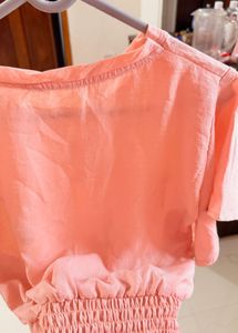 Peach Knot-Front Top with Minimal Embroidery