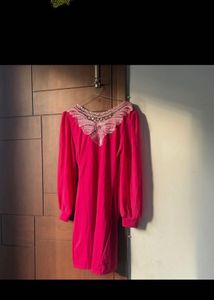 Stylish Pink Dress with Lace Neckline
