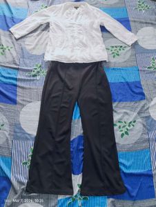 Chic White Embroidered shirt &amp; Black Pants Set
