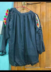 Black Floral Embroidered Balloon Sleeve Top