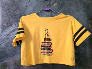 Yellow T-Shirt with Book & Coffee Print