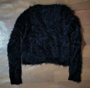 Black Fuzzy Cropped Button-Up Sweater