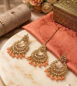 Elegant Gold & Peach Beaded Jewellery Set