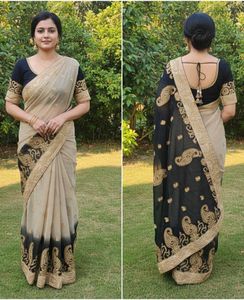 Elegant Embroidered Golden Black Heavy Saree