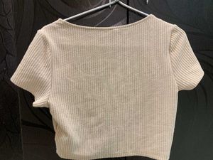 H&amp;M Women Beige Butterfly-detail Ribbed Top