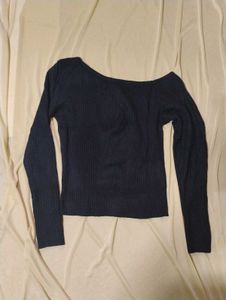 Stretchable Ribbed Chic Black One-Shoulder Top