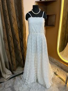 trail flared White Lace Maxi Dress
