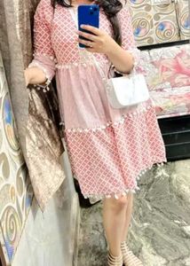 Pink Tiered Kurta with Pom-Pom Trim