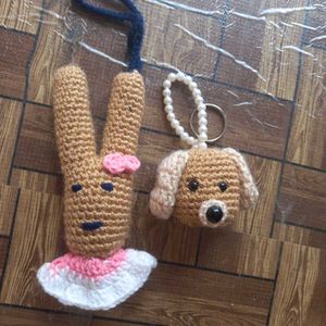Handmade Crochet Dog & Bunny Keychain Set