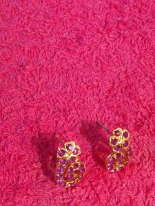 Gold Colour Stud With Magenta Stones