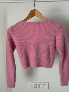 Pink Cropped Fuzzy Cardigan