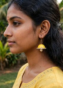 Yellow Jhumka Earrings with Pearls