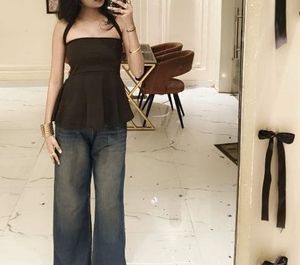 Brown and Red Halter Neck Peplum Top