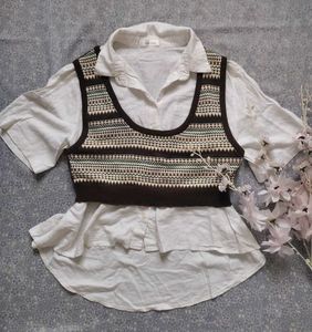 Layered Shirt with Knit Vest
