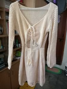 Lace-Up Front Crochet Long Sleeve Dress